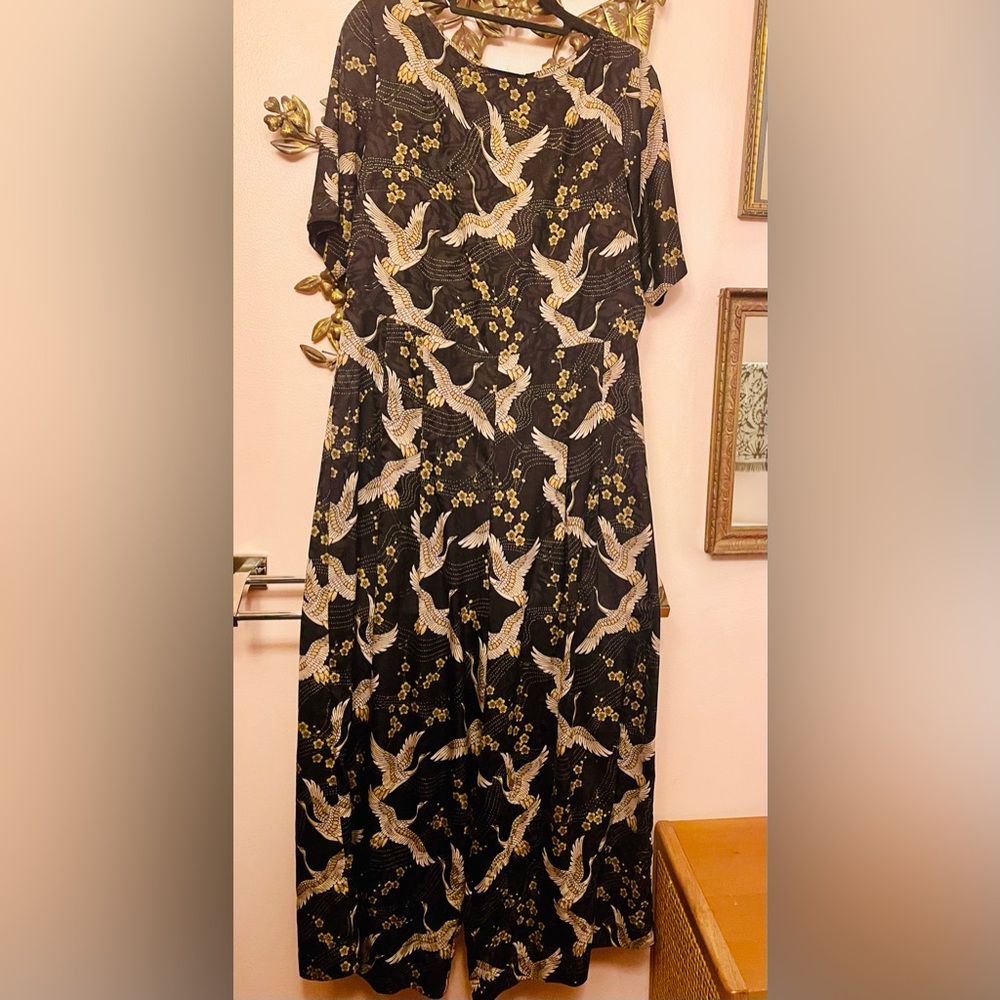 Black Jumpsuit with Bird and Floral Print